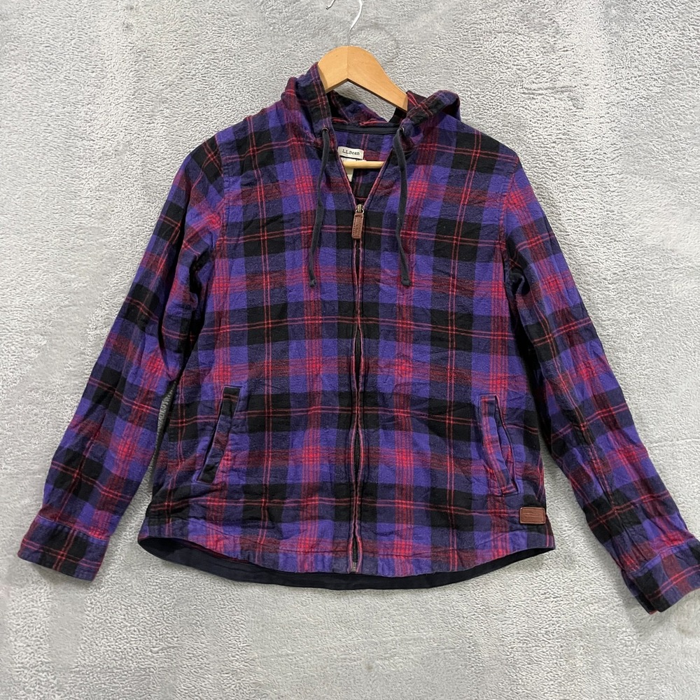 L.L. Bean Flannel Hoodie Womens XS Multi Plaid Relaxed Fit Long Sleeve Full Zip